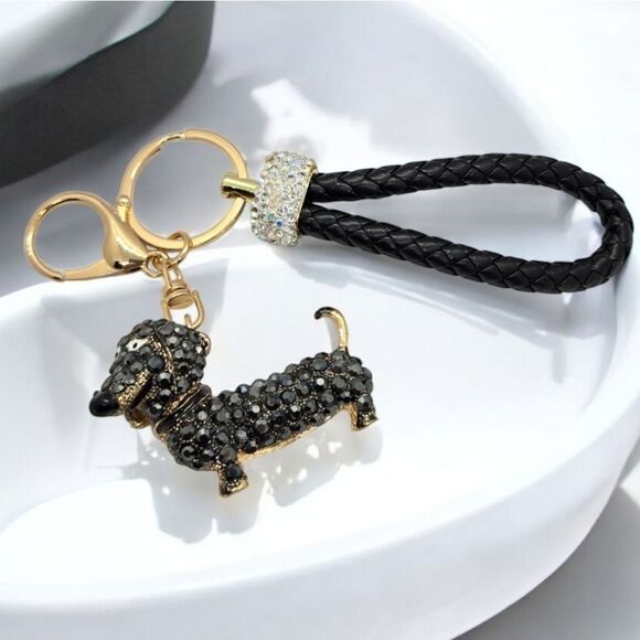 Glitzy Black Wiener Dog Bag Clip Keychain Dachshund Rhinestone Keyring Charm NEW - Picture 1 of 8